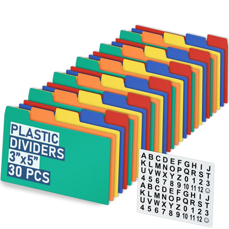 Olivo Plastic Index Card Dividers 3x5 Poly Index Card Guides Set with 1/5 Cut Tabs for A-Z Alphabet, Assorted Colors, 30 Pack - Image 1
